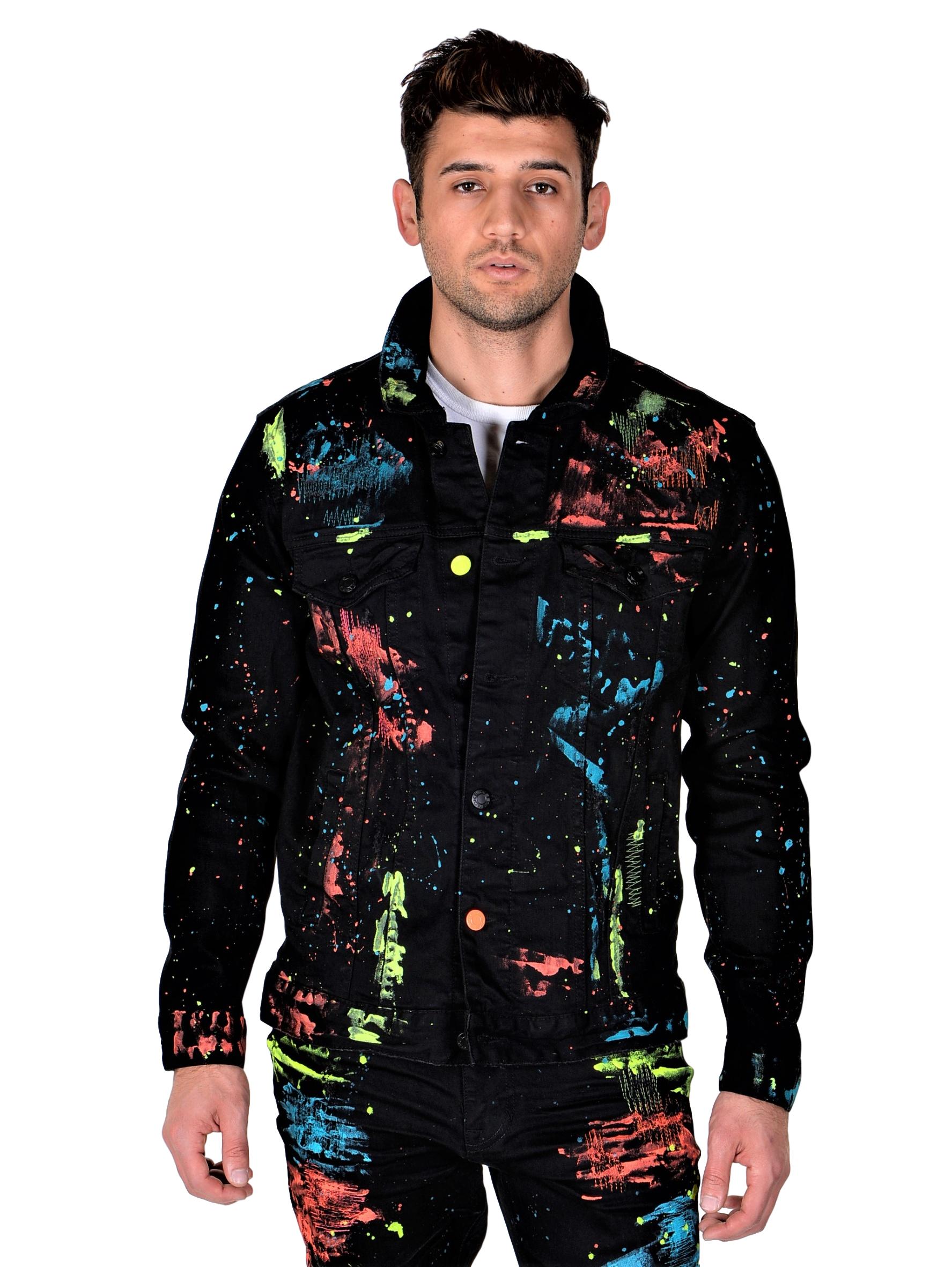 Smoke Rise Men s Neon Paint Splatter Denim Jacket Black socallook