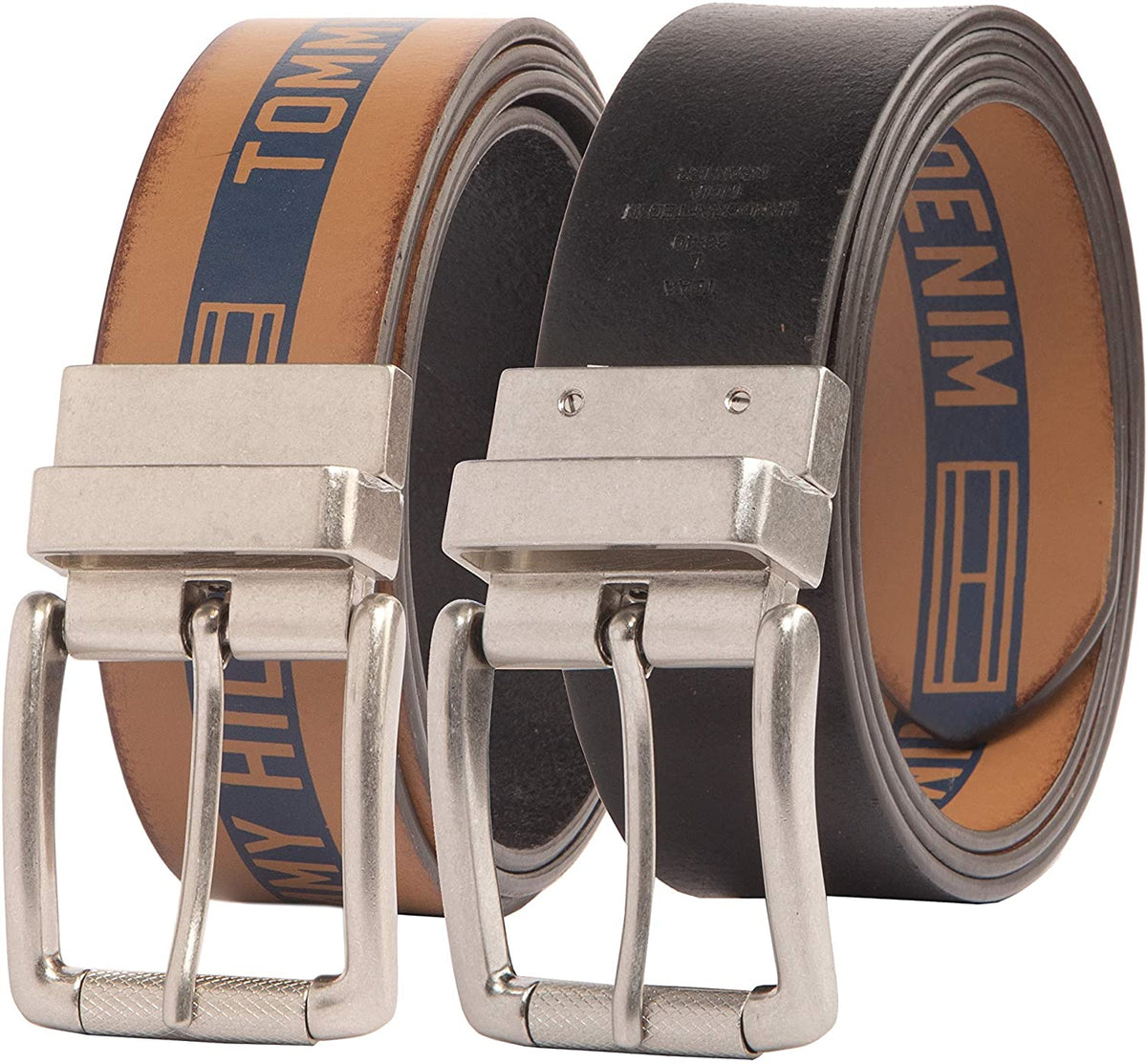 Tommy Hilfiger Men's 38MM Reversible Belt with Denim Logo Tan Blue