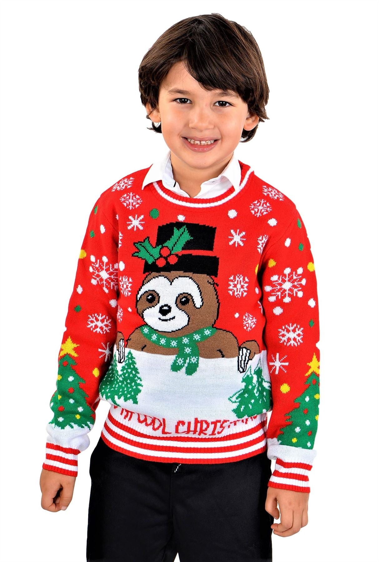 SOCAL LOOK Ugly Christmas Sweater for Kids- Red Long Sleeve Unisex Children Festive Cute Sloth Holiday Pullover for Boys & Girls