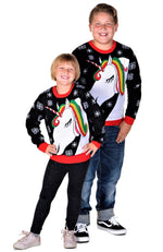 SOCAL LOOK Kids Unicorn Ugly Christmas Sweater – Black Long Sleeve Holiday Pullover for Boys & Girls, Festive Tacky Xmas Sweater