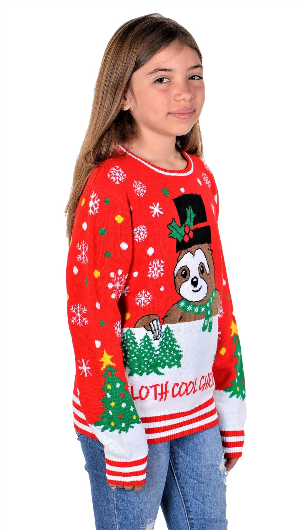 SOCAL LOOK Ugly Christmas Sweater for Kids- Red Long Sleeve Unisex Children Festive Cute Sloth Holiday Pullover for Boys & Girls