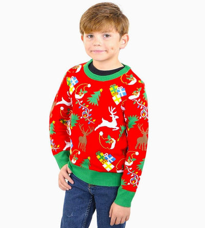 SOCAL LOOK Ugly Christmas Sweaters for Kids - Red Long Sleeve Children Cute Festive Reindeer Holiday Xmas Pullover for Girls and Boys