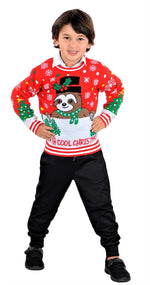 SOCAL LOOK Ugly Christmas Sweater for Kids- Red Long Sleeve Unisex Children Festive Cute Sloth Holiday Pullover for Boys & Girls