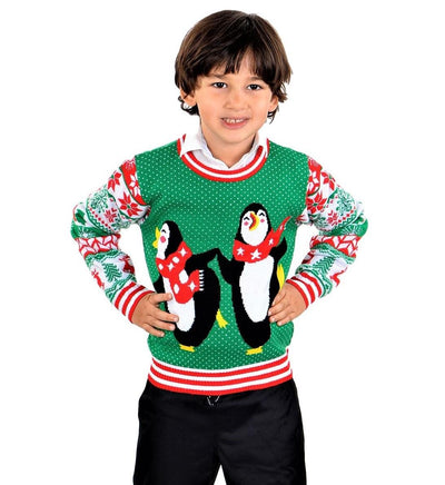 SOCAL LOOK Kids Ugly Christmas Sweater - Green Long Sleeve Unisex Children Cute Penguin Holiday Xmas Pullover for Boys & Girls