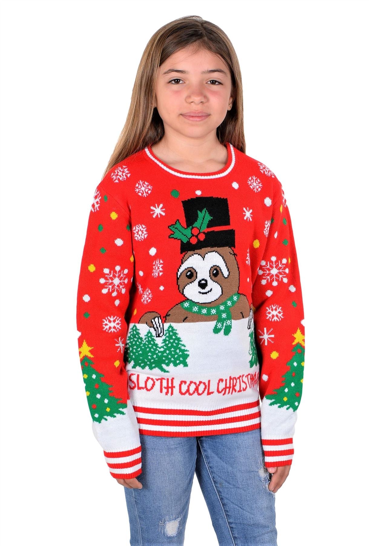 SOCAL LOOK Ugly Christmas Sweater for Kids- Red Long Sleeve Unisex Children Festive Cute Sloth Holiday Pullover for Boys & Girls