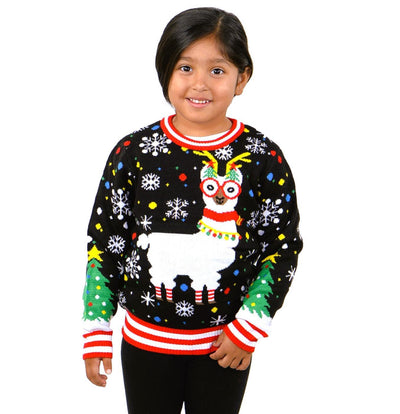 SOCAL LOOK Ugly Christmas Sweater for Kids, Black Long Sleeve Children Festive Tacky Cute Lama Holiday Xmas Pullover for Boys & Girls