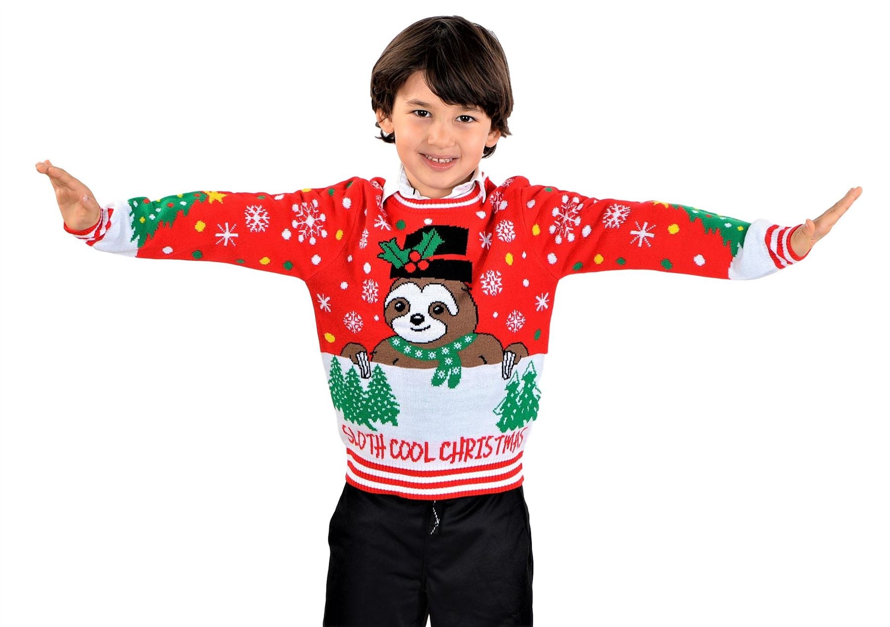 SOCAL LOOK Ugly Christmas Sweater for Kids- Red Long Sleeve Unisex Children Festive Cute Sloth Holiday Pullover for Boys & Girls