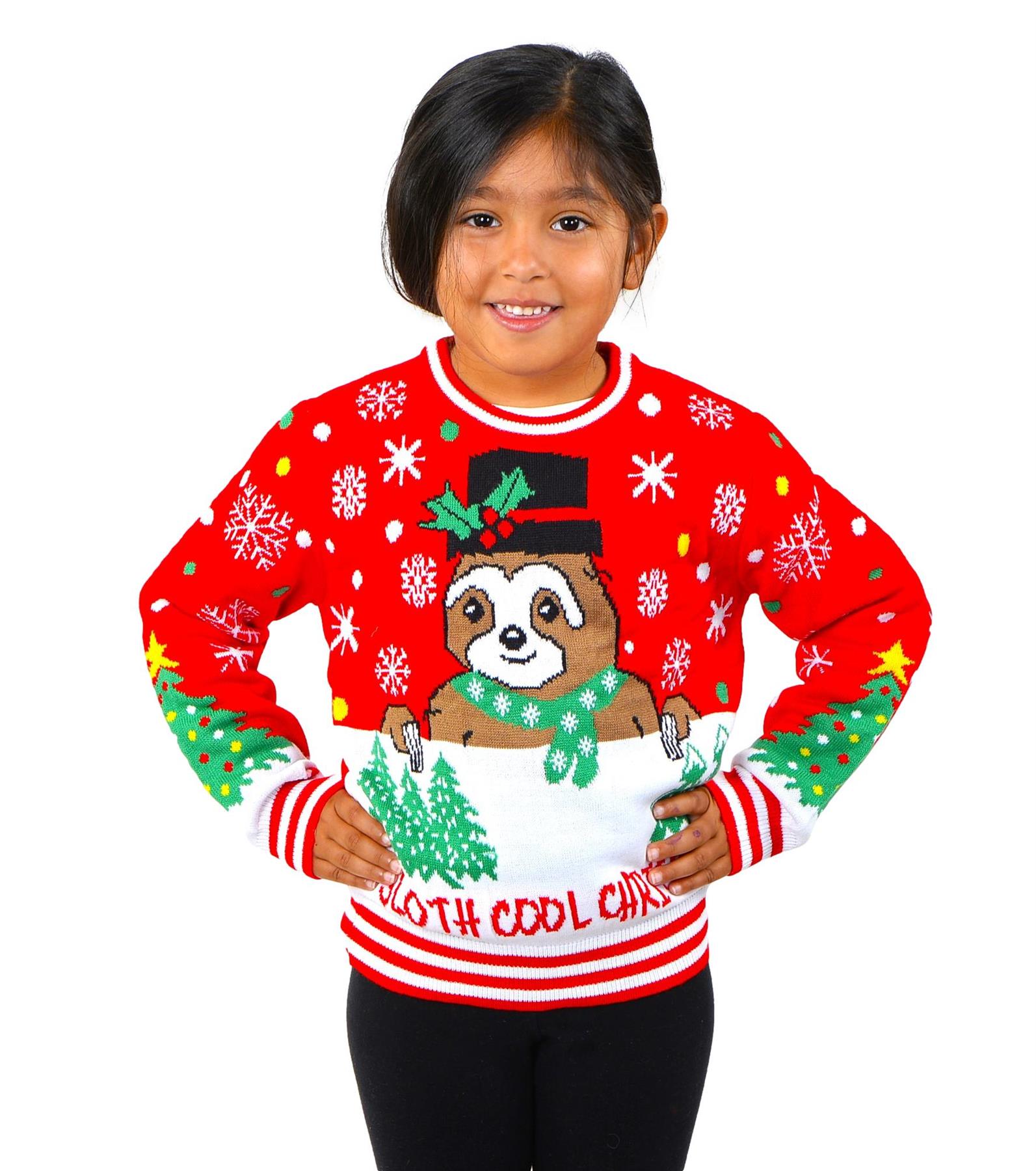 SOCAL LOOK Ugly Christmas Sweater for Kids- Red Long Sleeve Unisex Children Festive Cute Sloth Holiday Pullover for Boys & Girls