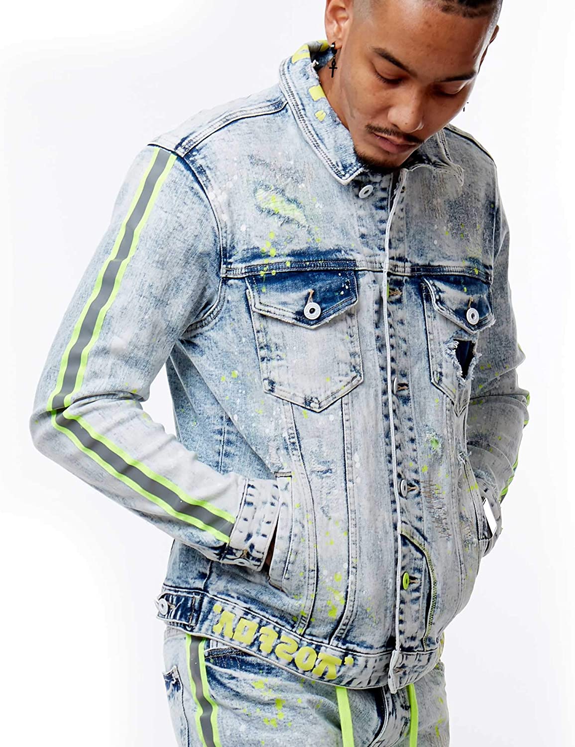 Smoke Rise Men's Neon Paint Stripes Denim Jacket Angel Blue